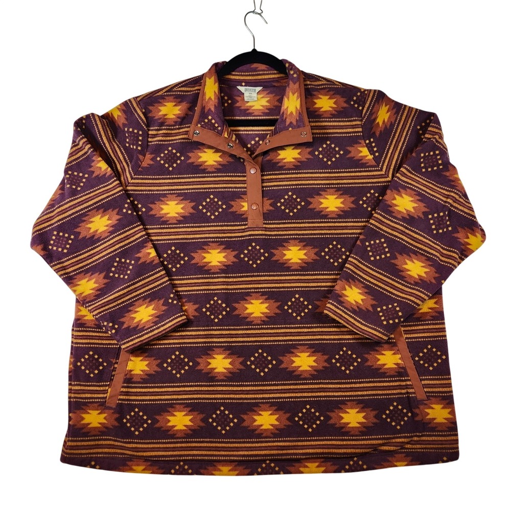 Duluth Trading Co Womens 2X Fleece Pullover Southwestern Snap Neck Burgundy Gold
